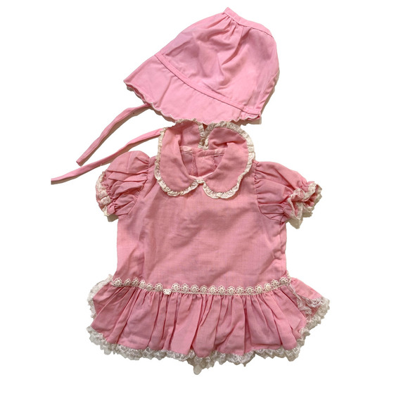 Vintage Dotty Dan Pink Baby Dress Bonnet Set Lace Ruffle Girls Infant Outfit 60s - Picture 1 of 7